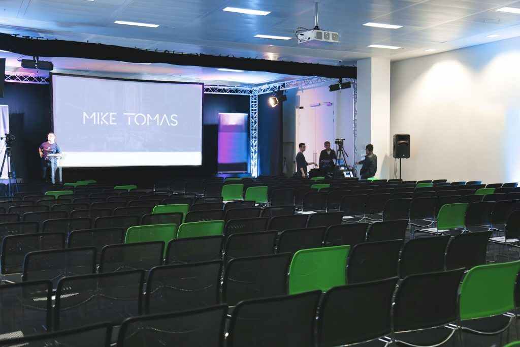 DJ Mike Tomas Key Note Speech set up with lights and speakers